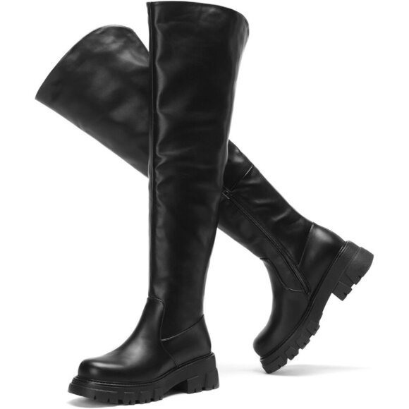 Shoes - Women Synthetic Platform Over The Knee Lug Sole Chunky Heel Curve-friendly Boots